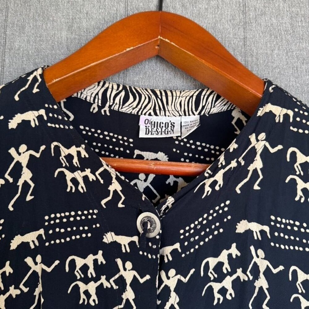 90s Vintage Chico's Black Cream Cave Art Zebra Print Silver Button Front Tunic - Picture 3 of 11